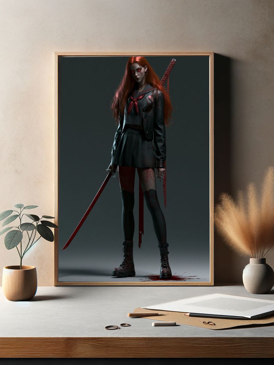Gothic Schoolgirl Warrior Illustration Poster. — room view 2