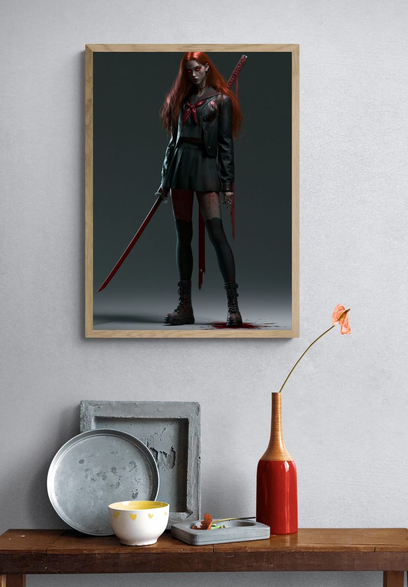 Gothic Schoolgirl Warrior Illustration Poster. — room view 3