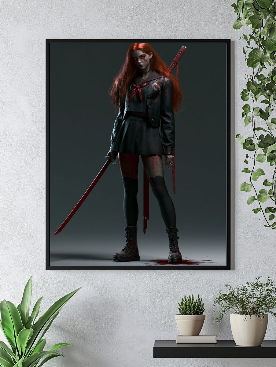 Gothic Schoolgirl Warrior Illustration Poster. — room view 4