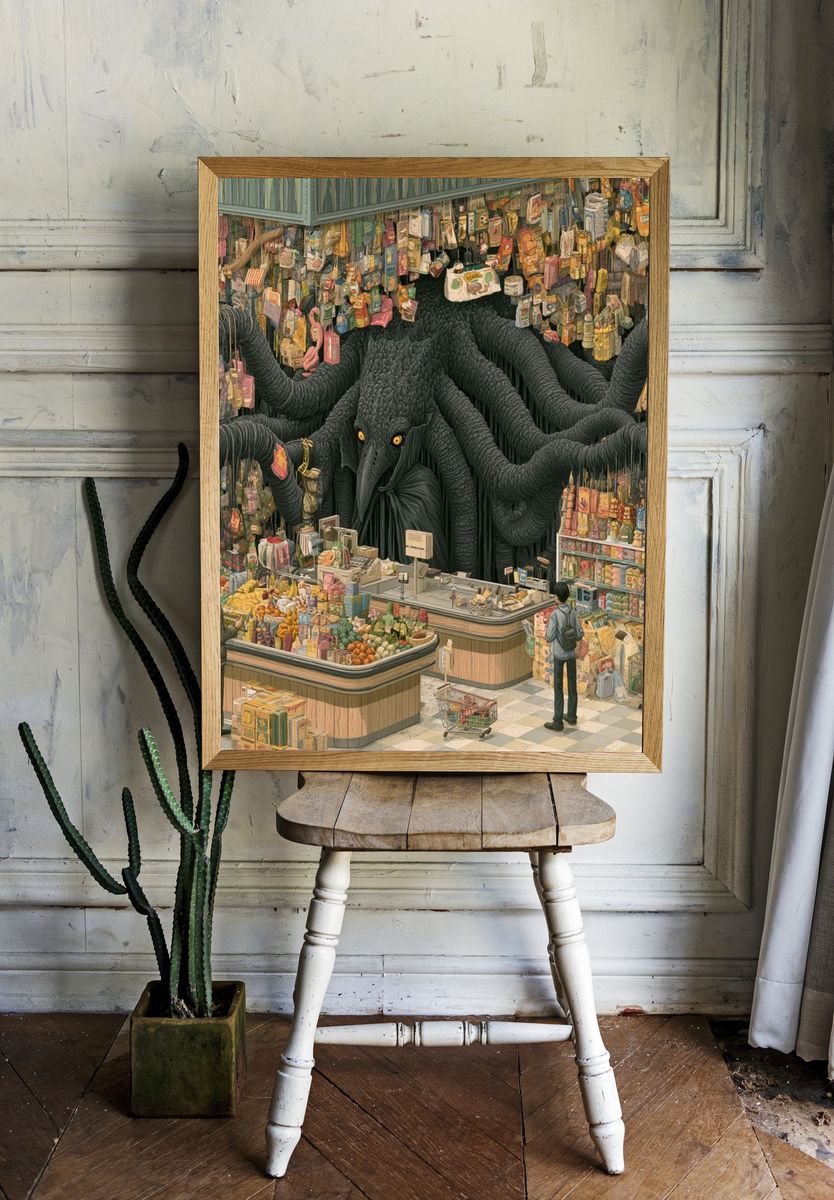 Surreal Grocery Monster Illustration Poster. room preview