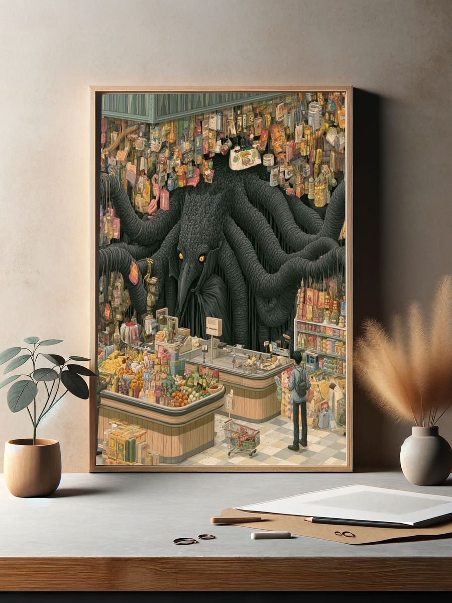 Surreal Grocery Monster Illustration Poster. — room view 2