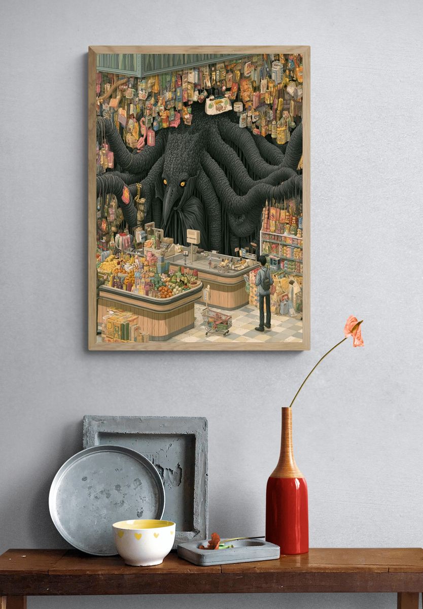 Surreal Grocery Monster Illustration Poster. — room view 3