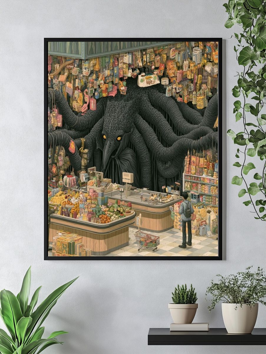 Surreal Grocery Monster Illustration Poster. — room view 4