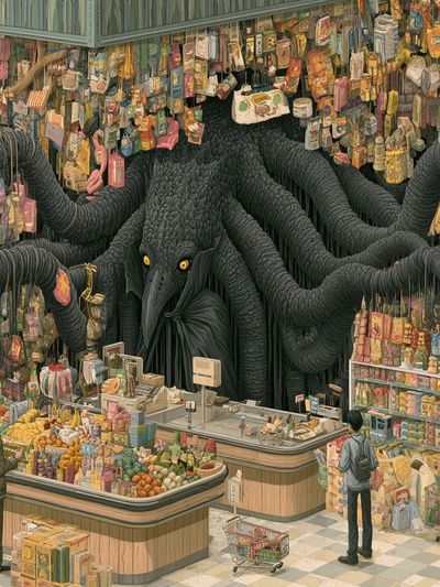Surreal Grocery Monster Illustration Poster.