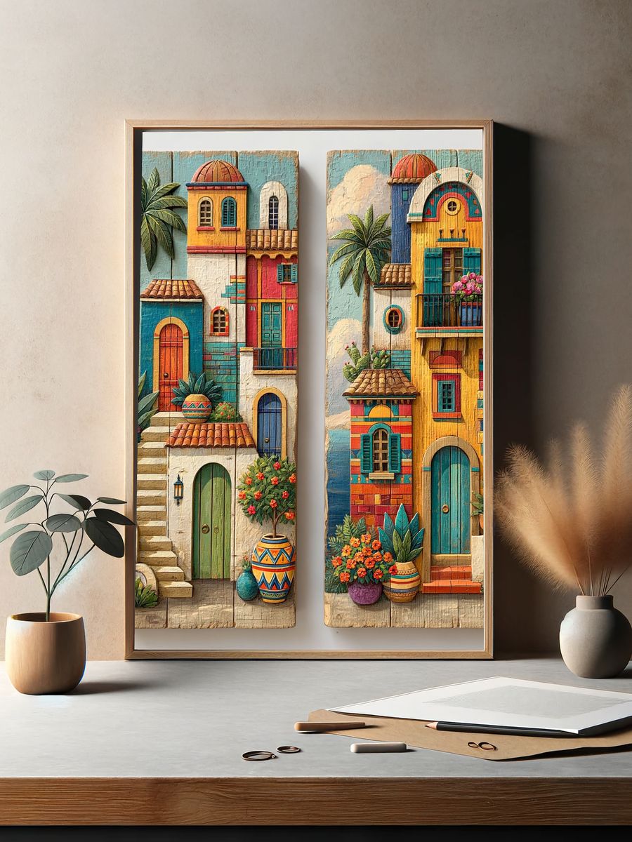 Colorful Mediterranean Houses Print. — room view 2
