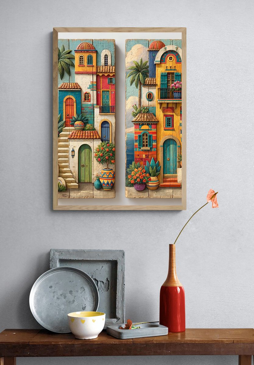 Colorful Mediterranean Houses Print. — room view 3