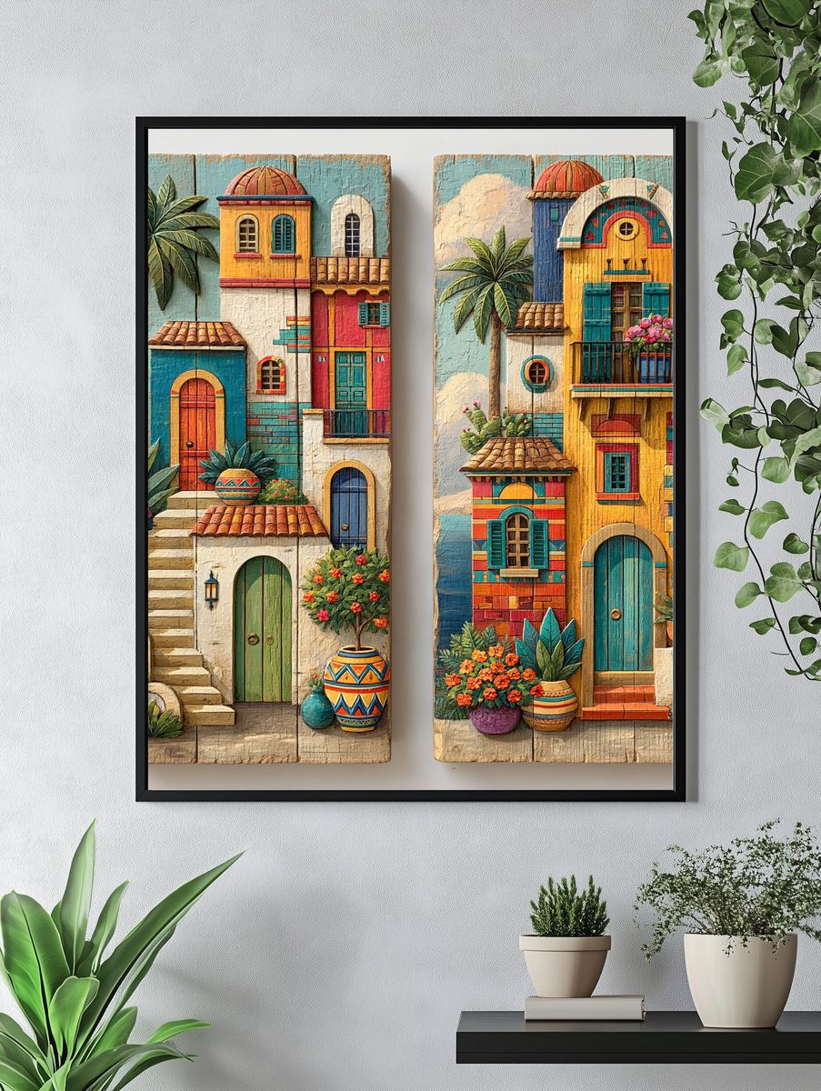 Colorful Mediterranean Houses Print. — room view 4