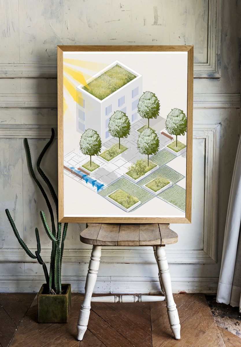 Urban Green Roof Illustration Poster. — room view 1