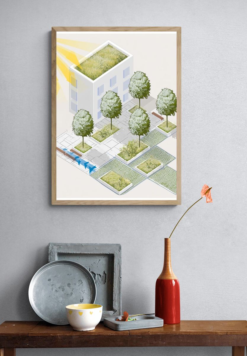 Urban Green Roof Illustration Poster. — room view 3