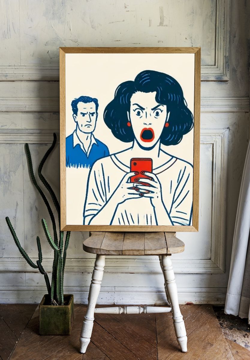 Shocked Woman with Phone Illustration Poster. room preview