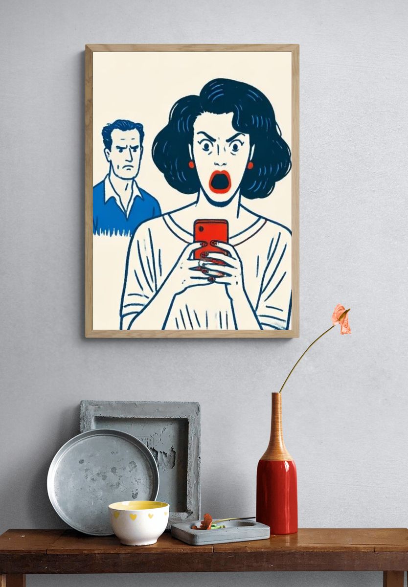 Shocked Woman with Phone Illustration Poster. — room view 3