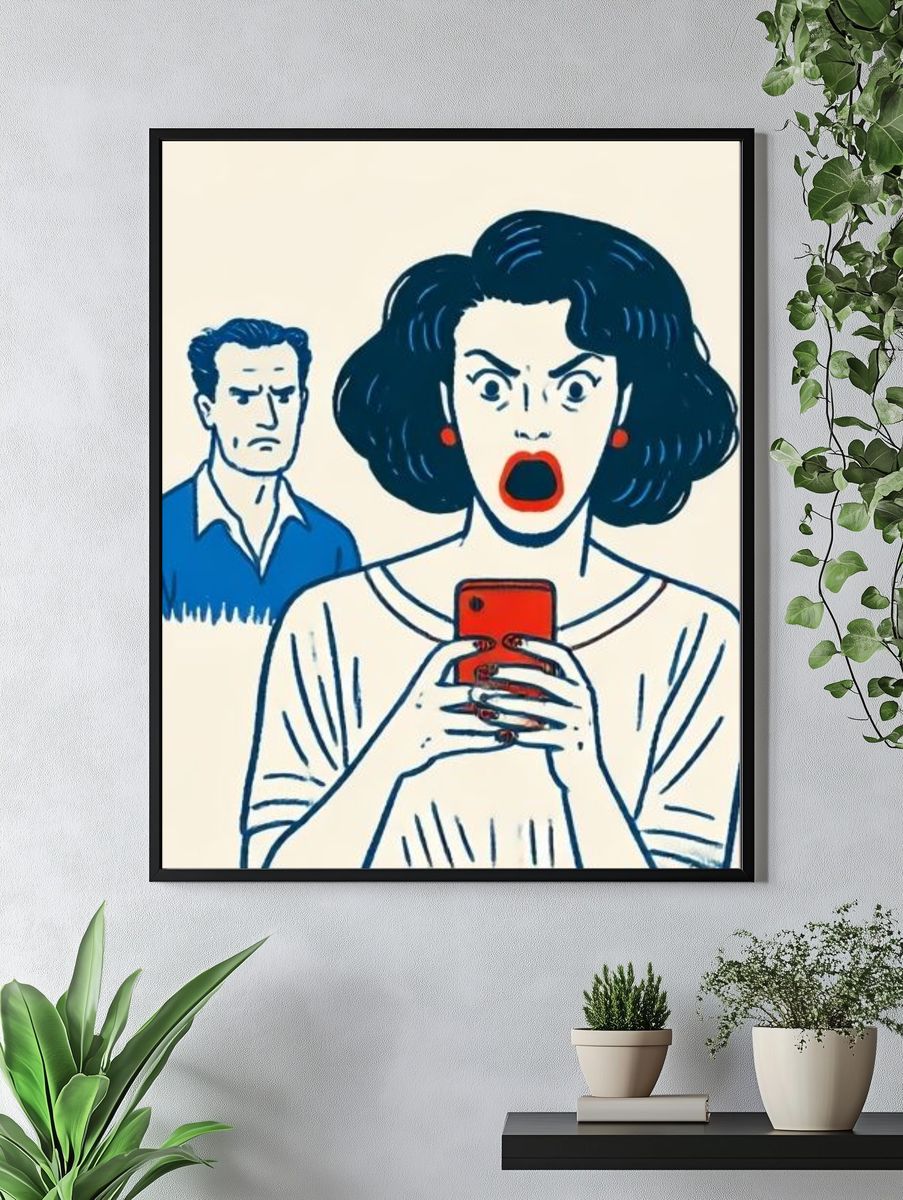 Shocked Woman with Phone Illustration Poster. — room view 4