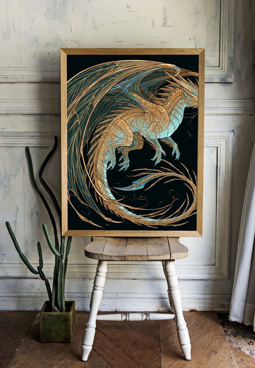 Golden Dragon Fantasy Print. room preview