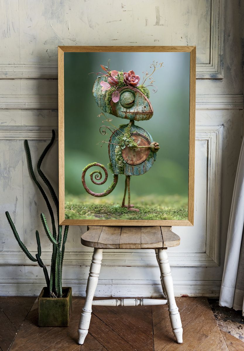 Whimsical Moss Chameleon Print. — room view 1
