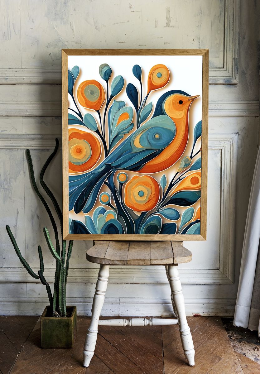 Colorful Bird Floral Illustration Poster. — room view 1