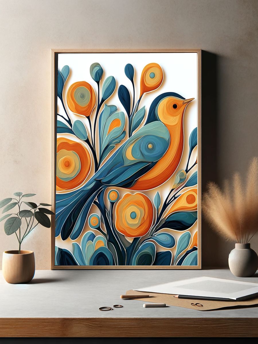 Colorful Bird Floral Illustration Poster. — room view 2