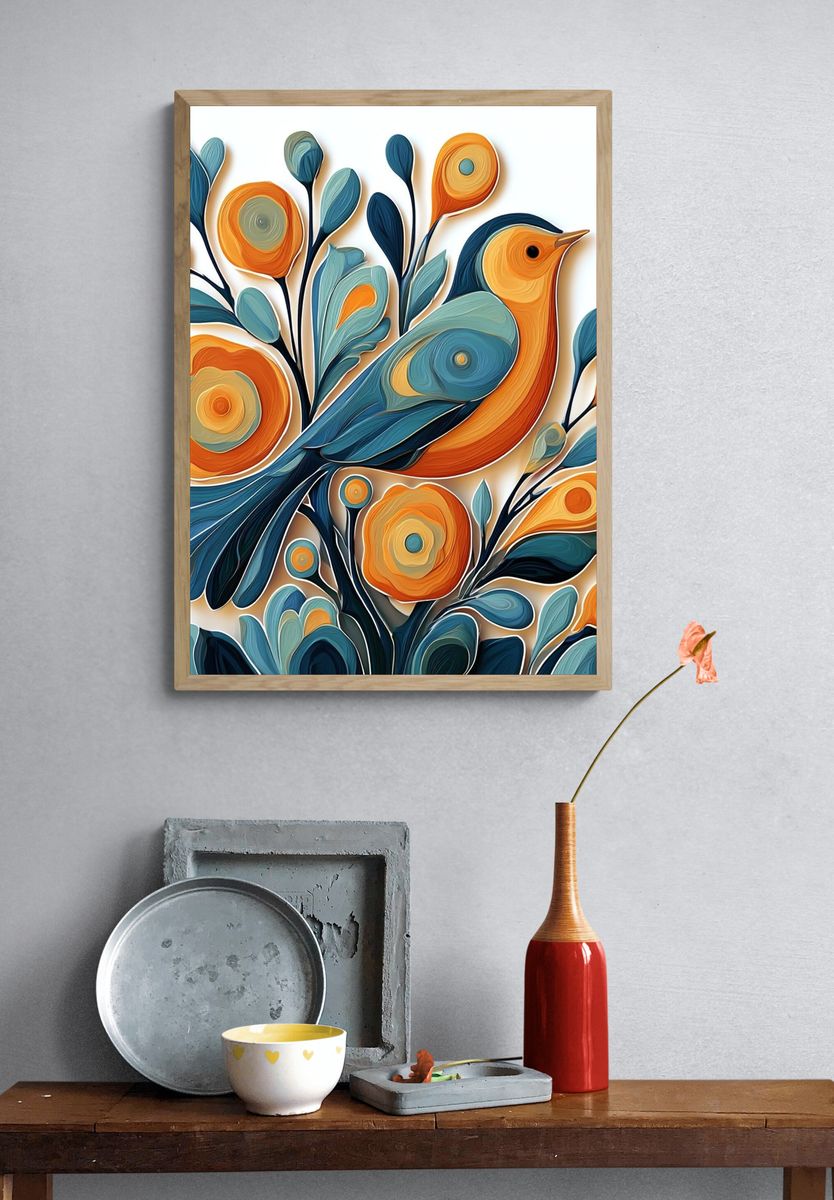Colorful Bird Floral Illustration Poster. — room view 3