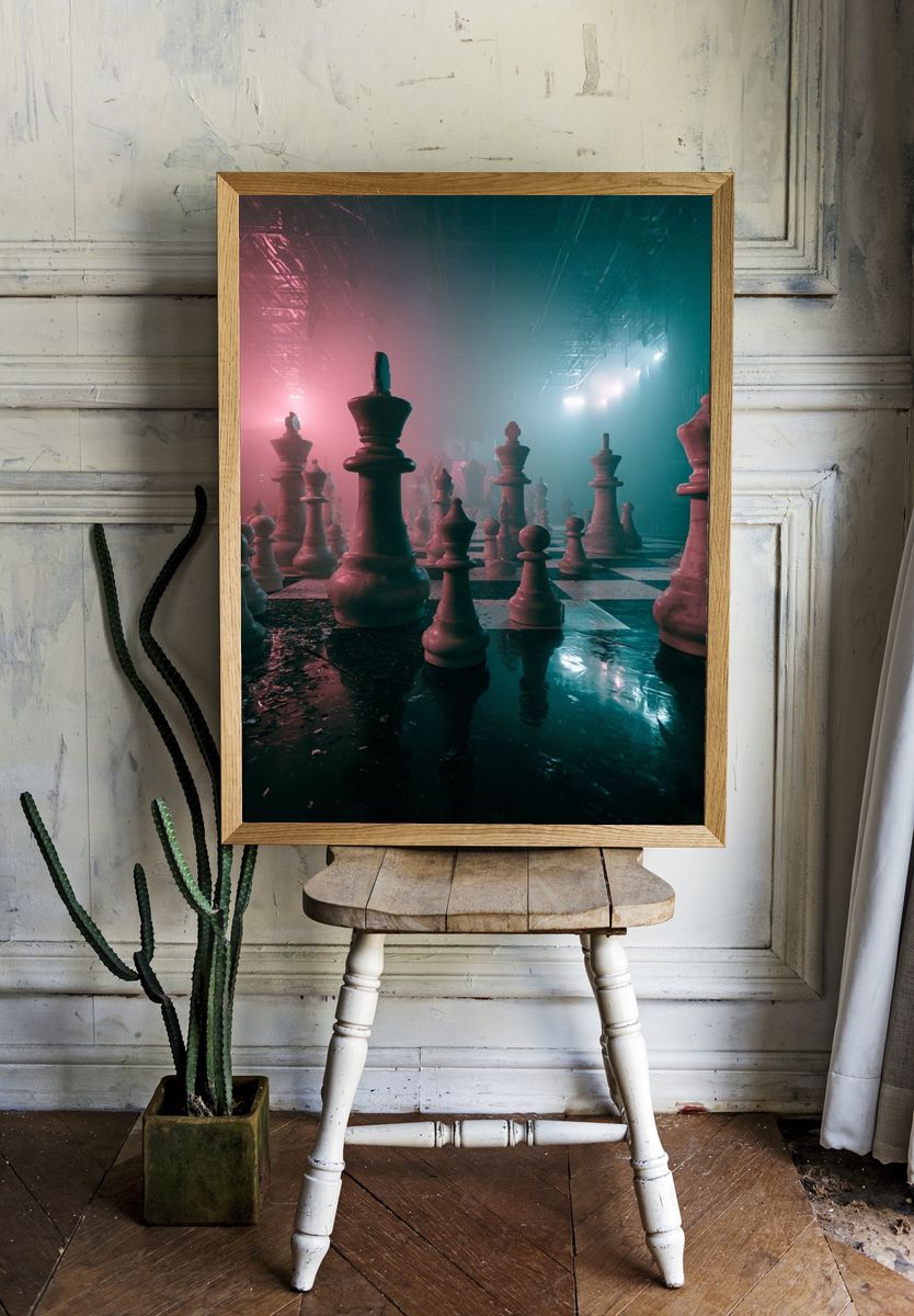Neon Chessboard Dreamscape Poster. — room view 1