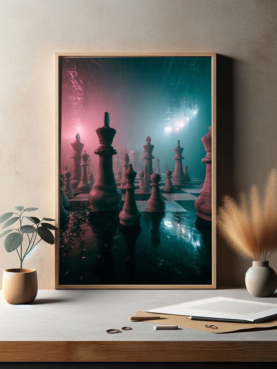 Neon Chessboard Dreamscape Poster. — room view 2