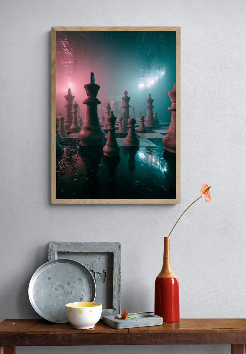 Neon Chessboard Dreamscape Poster. — room view 3