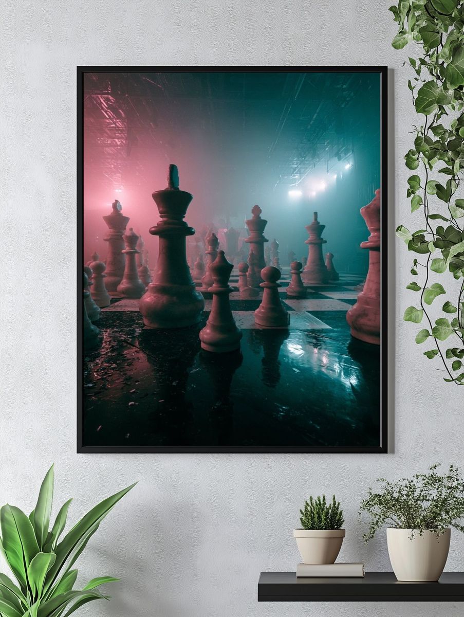Neon Chessboard Dreamscape Poster. — room view 4