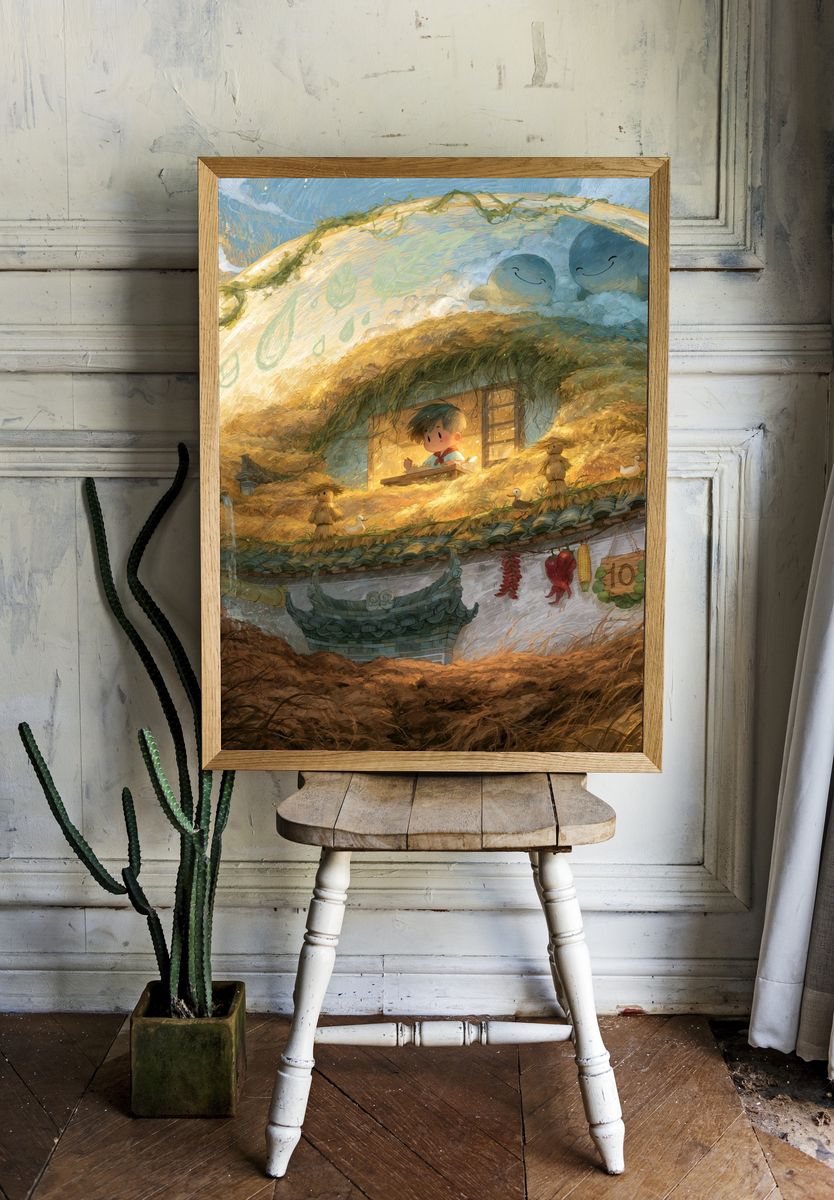 Whimsical Rooftop Village Print. room preview