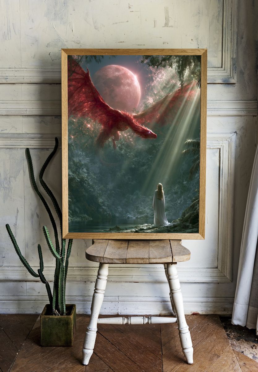 Dragon Moon Forest Fantasy Print. room preview