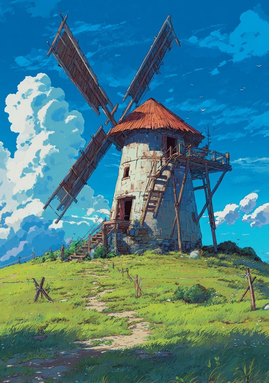 Windmill Meadow Illustration Poster. poster — illustration art
