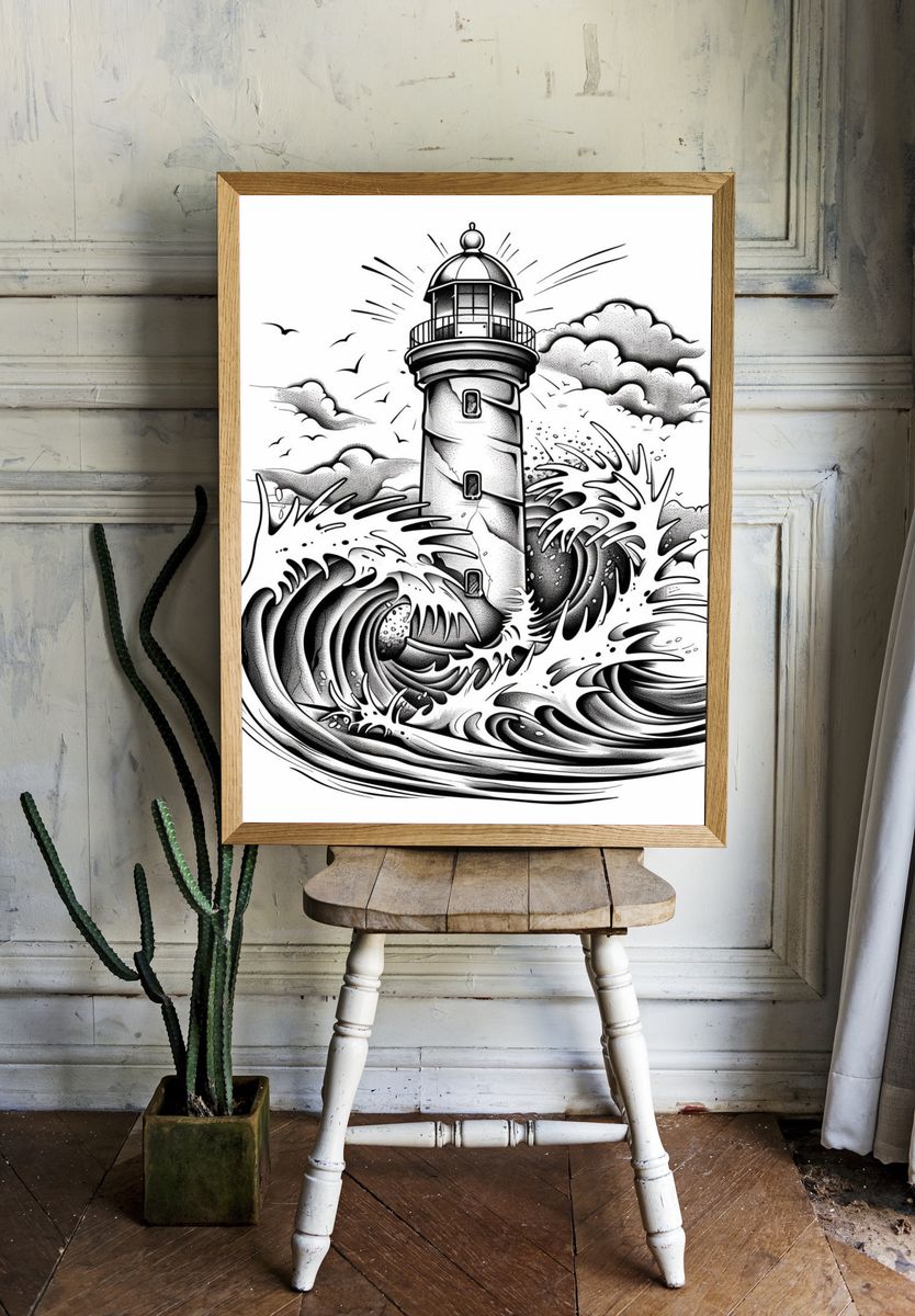 Lighthouse Wave Illustration Poster. room preview