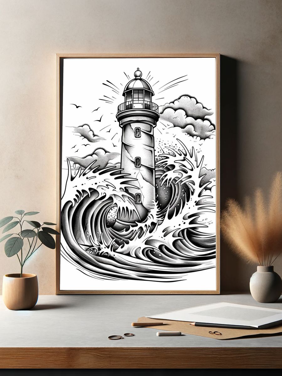 Lighthouse Wave Illustration Poster. — room view 2