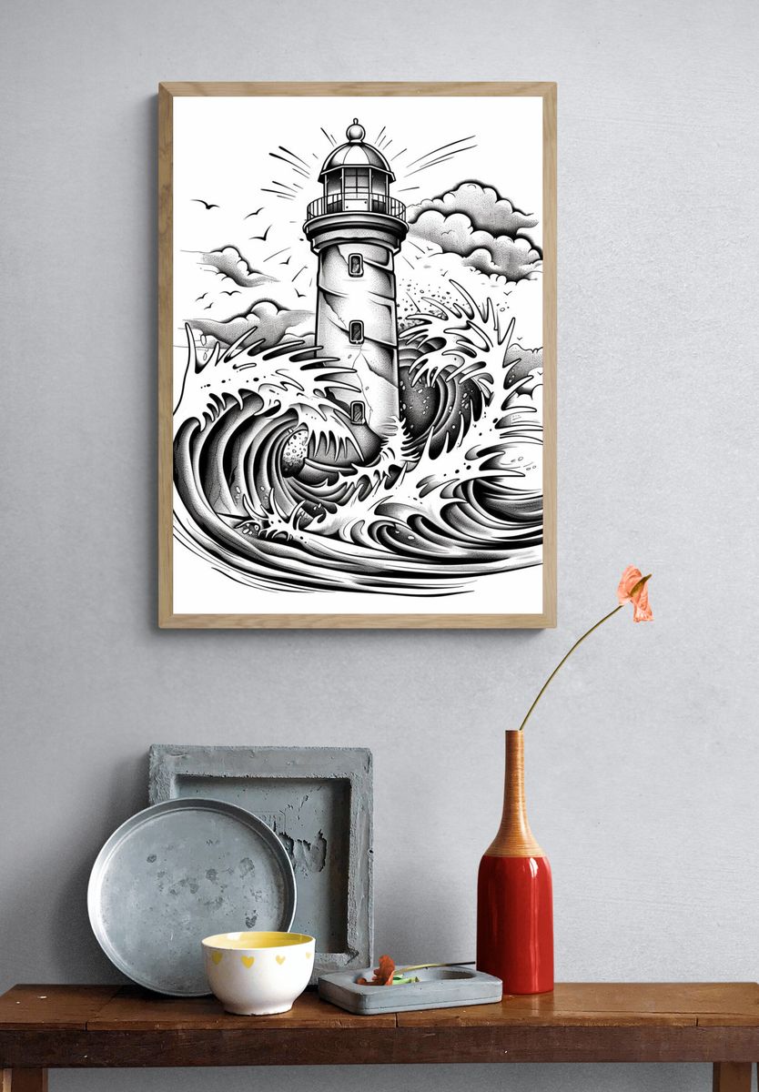 Lighthouse Wave Illustration Poster. — room view 3