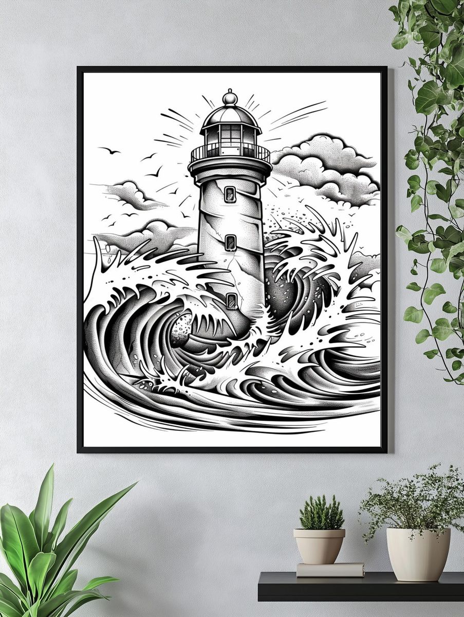 Lighthouse Wave Illustration Poster. — room view 4