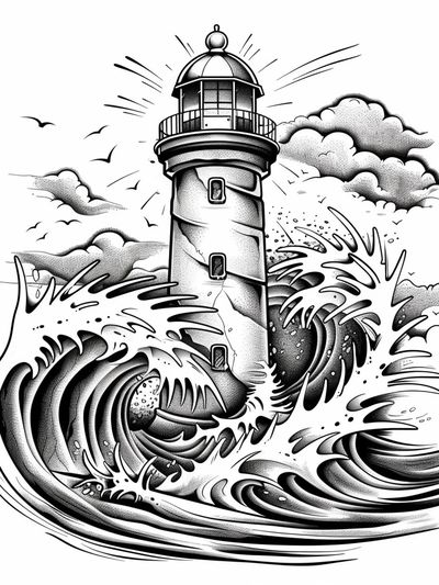 Lighthouse Wave Illustration Poster.
