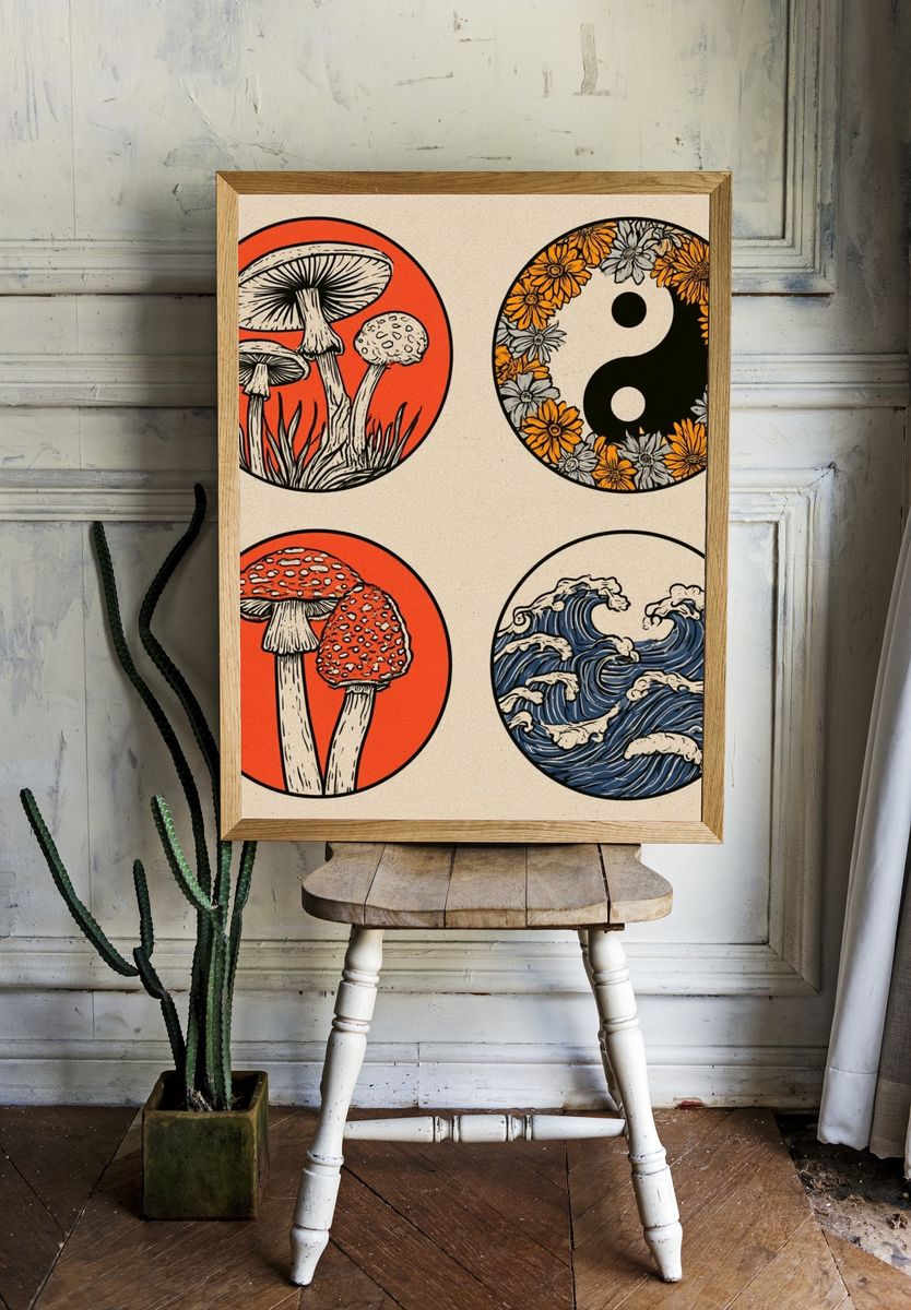 Mushroom and Waves Japanese Print. room preview