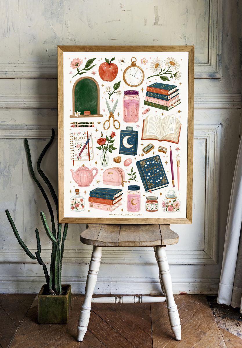 Whimsical Study Supplies Illustration Poster. — room view 1