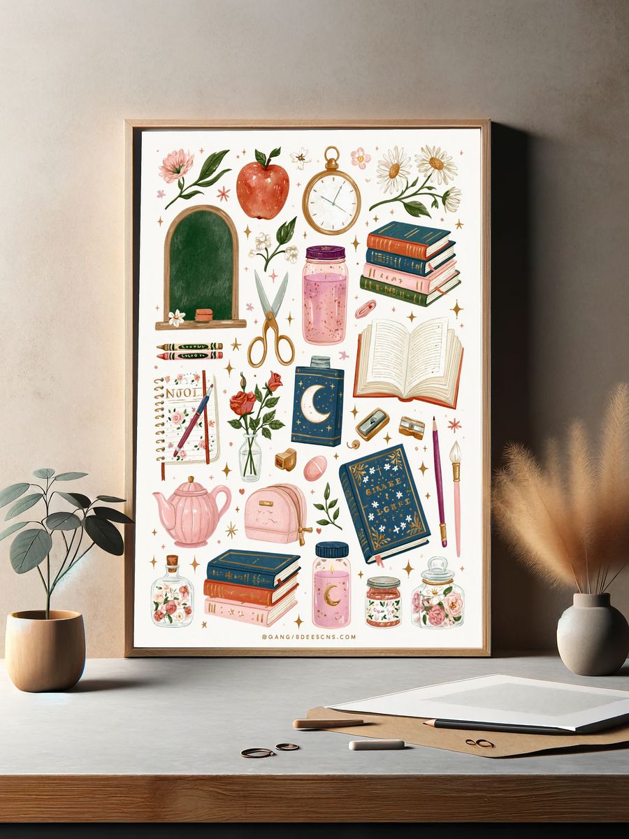 Whimsical Study Supplies Illustration Poster. — room view 2
