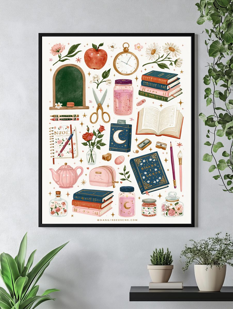 Whimsical Study Supplies Illustration Poster. — room view 4