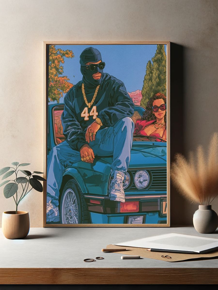 Luxury Car Couple Illustration Poster. — room view 2