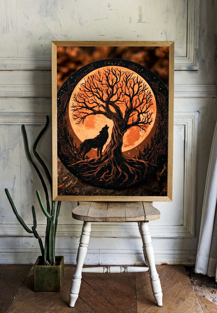 Moonlit Wolf and Tree Illustration Poster. — room view 1
