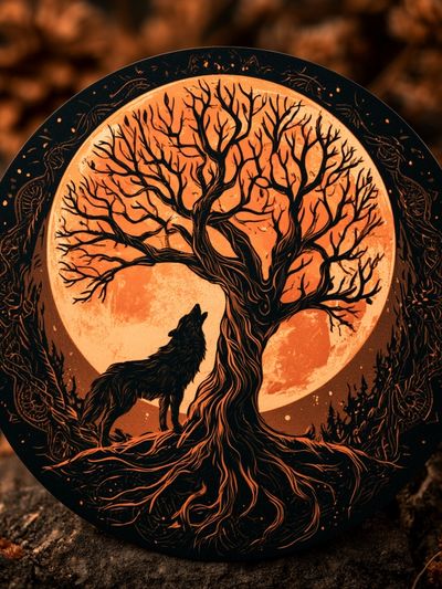 Moonlit Wolf and Tree Illustration Poster.