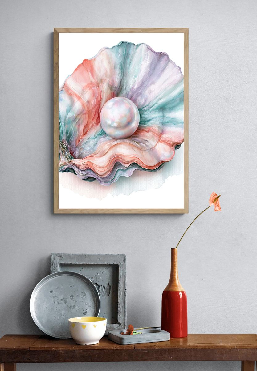 Pastel Seashell Watercolor Poster. — room view 3