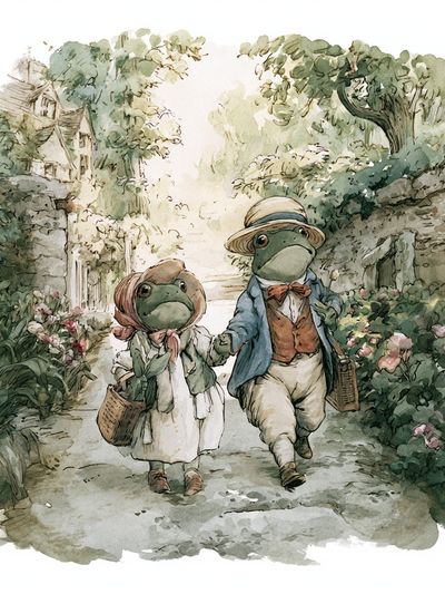 Frog Couple Garden Stroll Print. poster