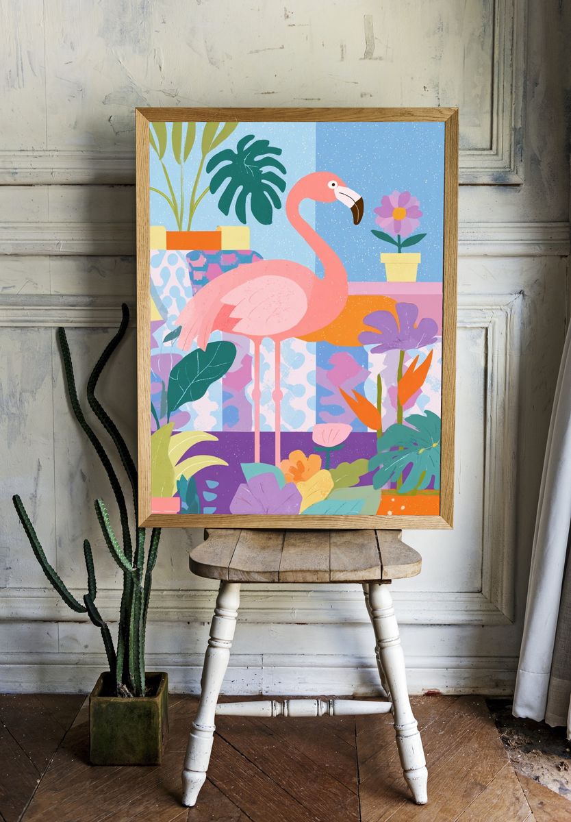 Pink Flamingo Tropical Illustration Poster. — room view 1