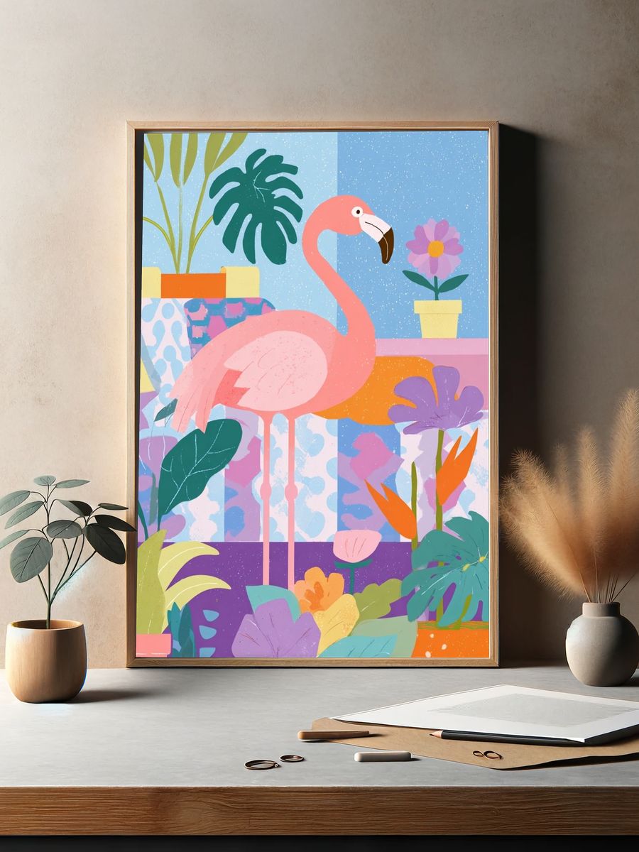 Pink Flamingo Tropical Illustration Poster. — room view 2