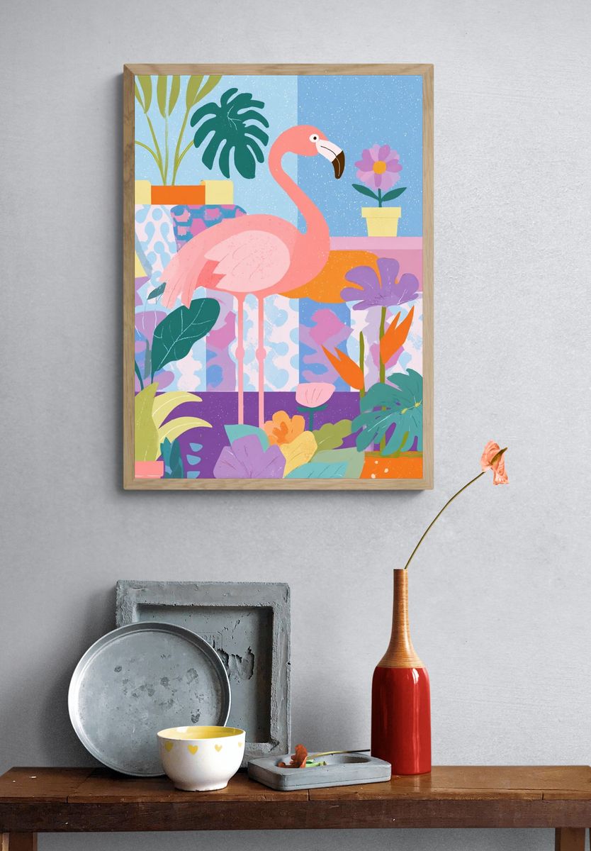Pink Flamingo Tropical Illustration Poster. — room view 3