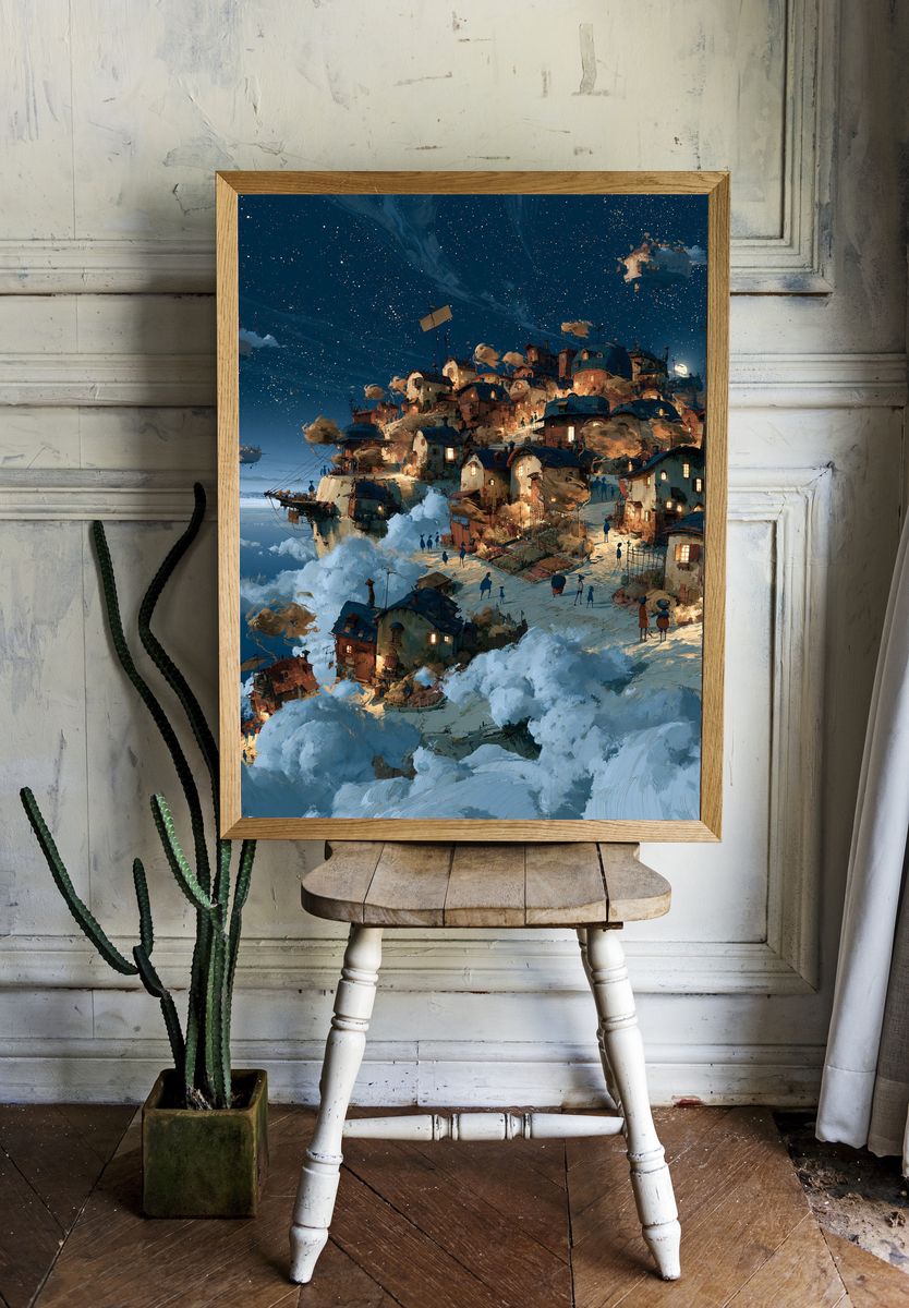 Floating Village Nightscape Print. room preview