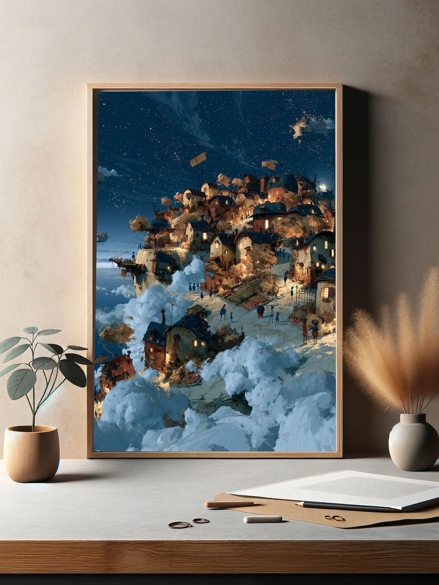 Floating Village Nightscape Print. — room view 2