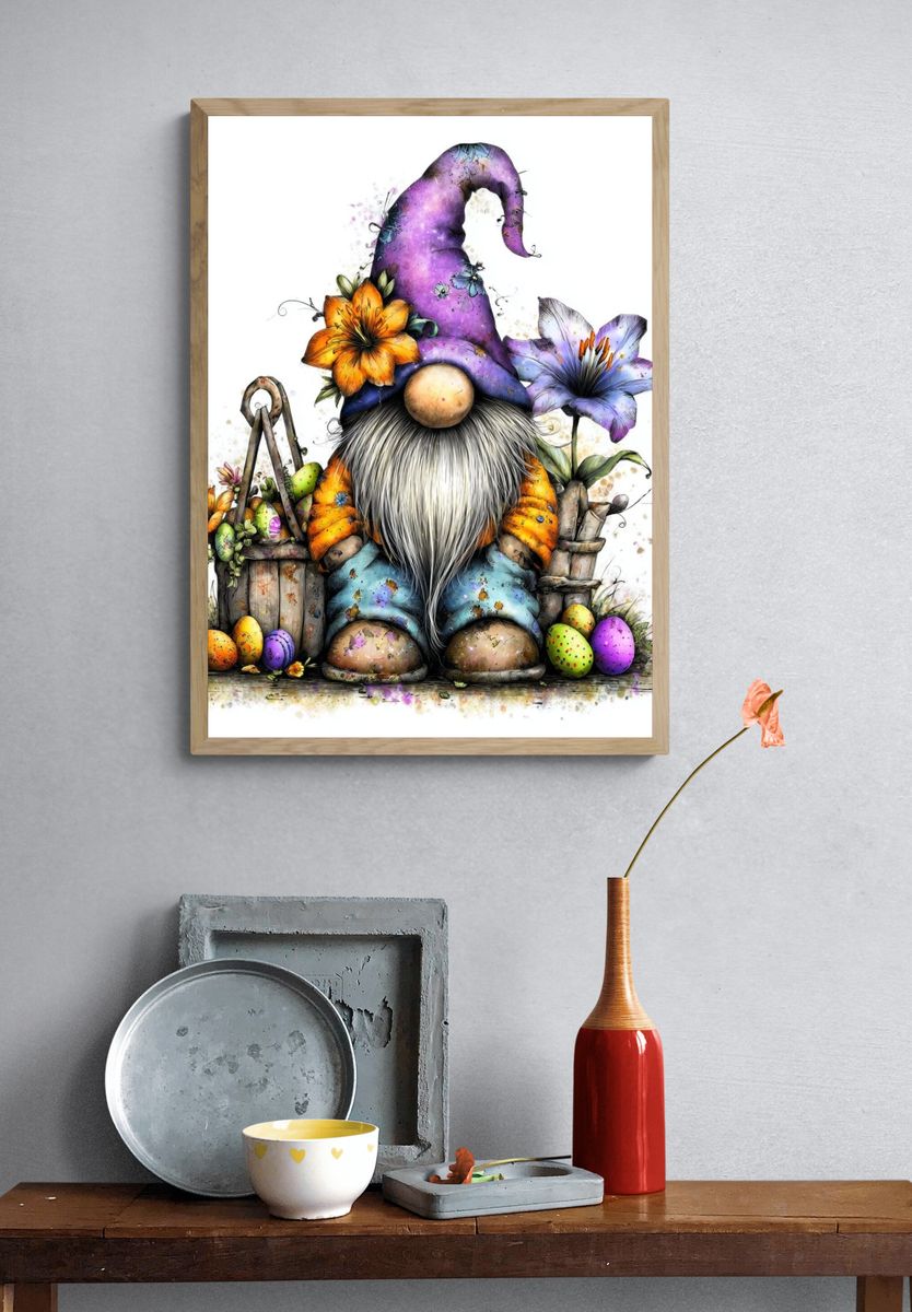 Easter Gnome Floral Illustration Poster. — room view 3