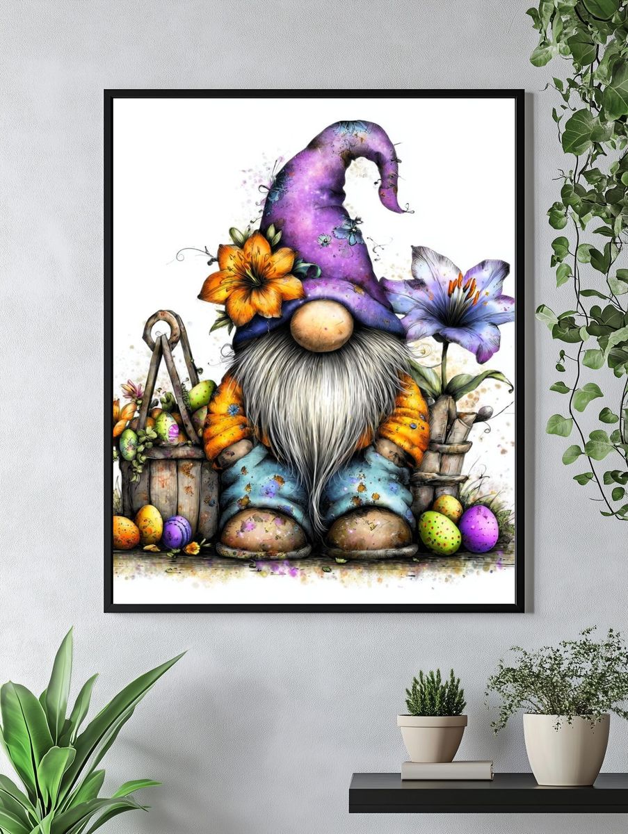 Easter Gnome Floral Illustration Poster. — room view 4