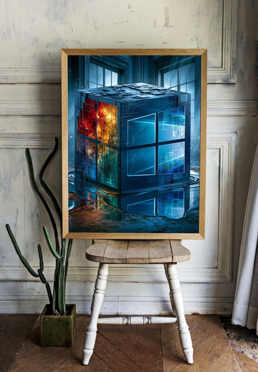Futuristic Neon Cube Illustration Poster. — room view 1